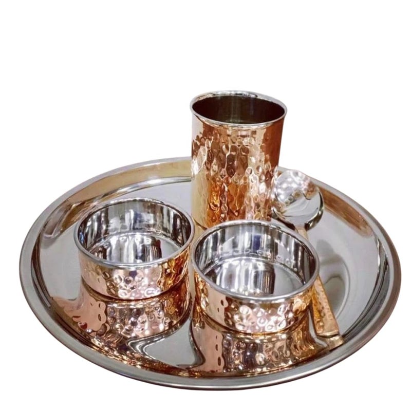 KROWN® Stainless Steel Copper Dinner Thali Set, 5 Pieces - Luxury Hammer Design, Anarkali Dinner Set - Image 1