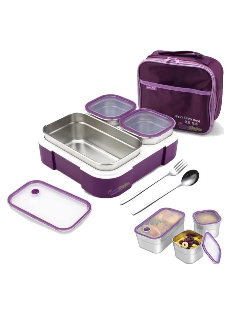 BrainGiggles Insulated Leakproof BPA- Free Stainless Steel Bento Lunchbox, Airtight and Compact Lunch Box for Adults and Kids with 3 Independent Removable Compartments (Purple) - Image 1