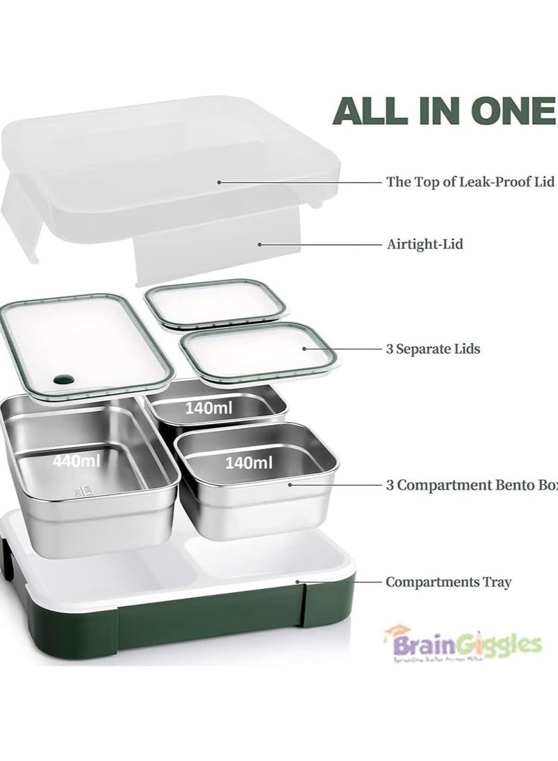 BrainGiggles Insulated Leakproof BPA- Free Stainless Steel Bento Lunchbox, Airtight and Compact Lunch Box for Adults and Kids with 3 Independent Removable Compartments (Purple) - Image 2