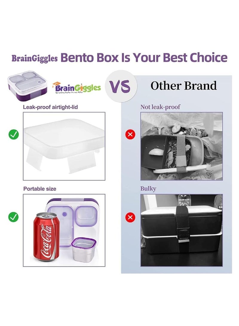 BrainGiggles Insulated Leakproof BPA- Free Stainless Steel Bento Lunchbox, Airtight and Compact Lunch Box for Adults and Kids with 3 Independent Removable Compartments (Purple) - Image 4