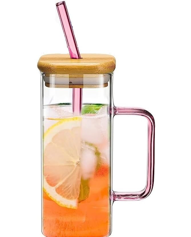 PrimeWorld PrimeWorld Sipper Colored Handle with Wooden lid Square Shape 350 ml Set of 1 Pc Drinking Glasses Sipper Fruit Juice Soda Milk Green Tea Mug Beer Shake Chocolate Stylish Glasses  - Image 1