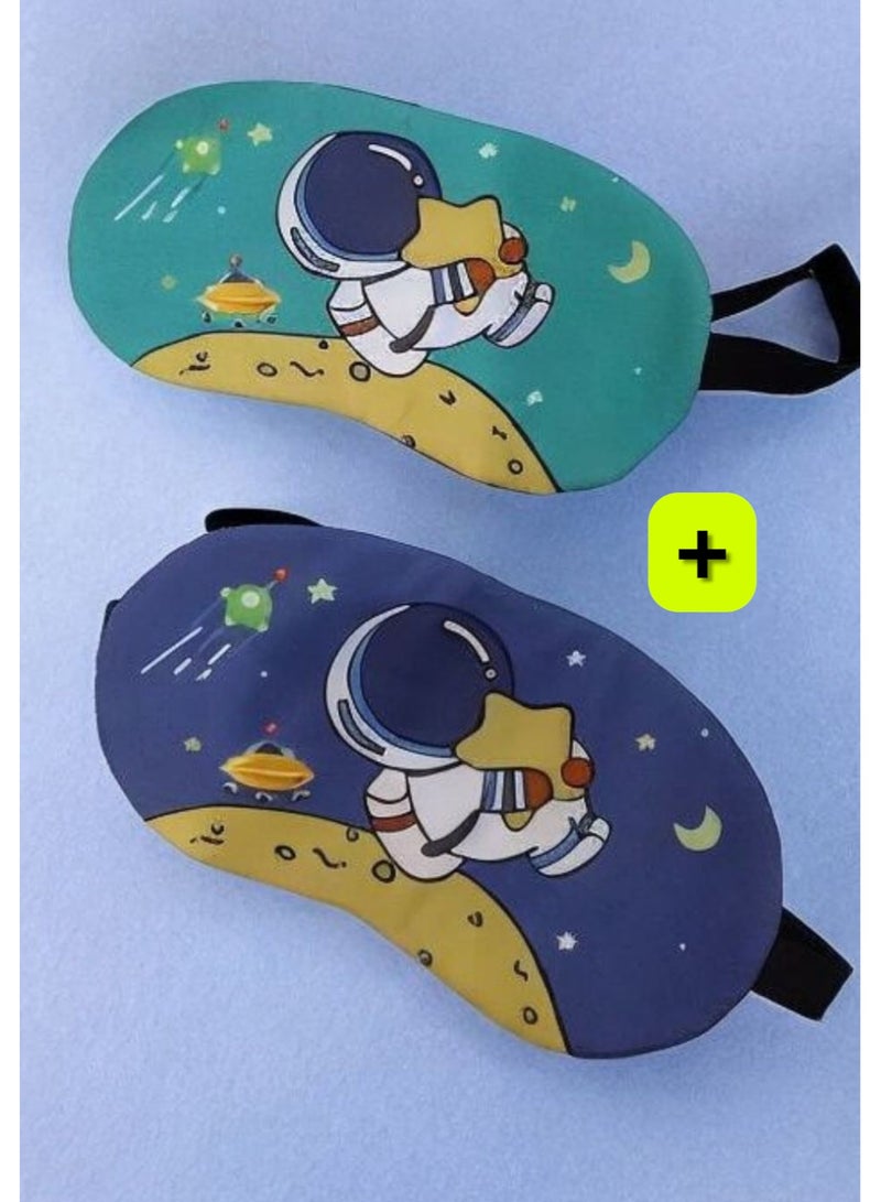 Generic 2 pieces of eye masks for sleeping or another name for sleeping glasses, soft and padded, made of polyester, green and navy color, printed with an astronaut drawing and an elastic strap. It is a special eye mask for sleeping or napping in the middle of the day. Suitable for use while traveling on a plane, car, or ship, or when relaxing or napping on the beach in the sun, or during a daytime nap on the sofa of the living room in a bright place. You can also give it as a gift to your loved ones. - Image 1