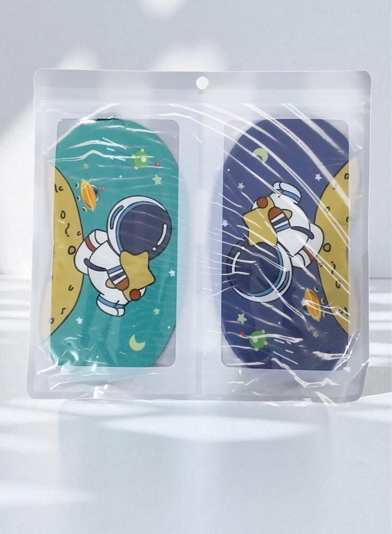 Generic 2 pieces of eye masks for sleeping or another name for sleeping glasses, soft and padded, made of polyester, green and navy color, printed with an astronaut drawing and an elastic strap. It is a special eye mask for sleeping or napping in the middle of the day. Suitable for use while traveling on a plane, car, or ship, or when relaxing or napping on the beach in the sun, or during a daytime nap on the sofa of the living room in a bright place. You can also give it as a gift to your loved ones. - Image 4