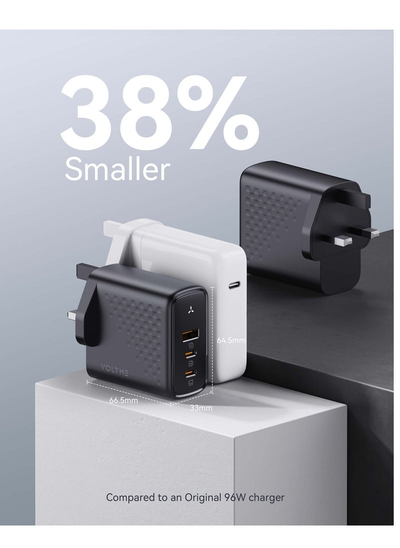VOLTME - 100W GaN III USB-C Charger | 3-Port Fast Wall Adapter with PD.3 & QC.3 | Compact Design for MacBook Pro/Air, iPad Pro/Mini, iPhone 16 Pro Max/16 Pro/16 Plus/15 Series/14/13/12/11, Air Pods, Google PixelBook, ThinkPad, Galaxy S24/S23/S22 & More (Black) - Image 1