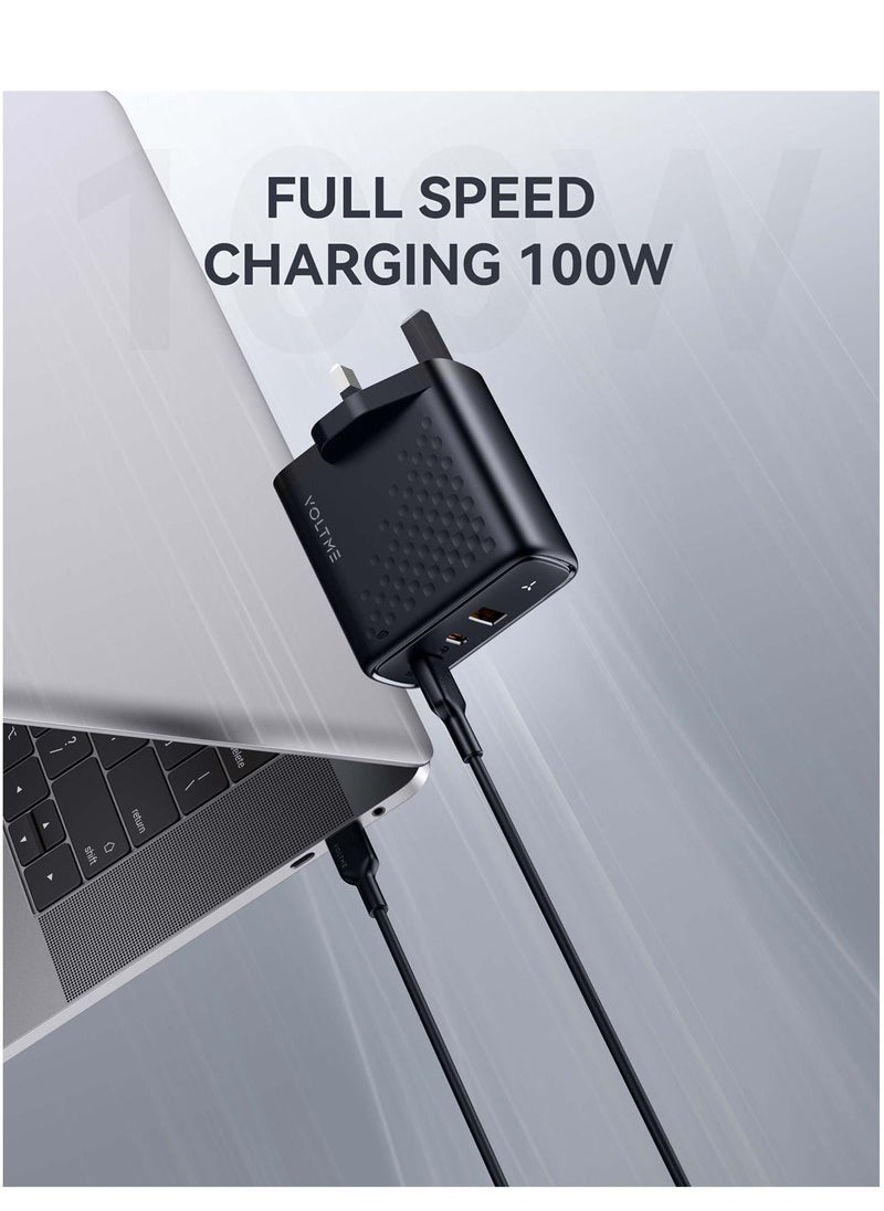 VOLTME - 100W GaN III USB-C Charger | 3-Port Fast Wall Adapter with PD.3 & QC.3 | Compact Design for MacBook Pro/Air, iPad Pro/Mini, iPhone 16 Pro Max/16 Pro/16 Plus/15 Series/14/13/12/11, Air Pods, Google PixelBook, ThinkPad, Galaxy S24/S23/S22 & More (Black) - Image 1