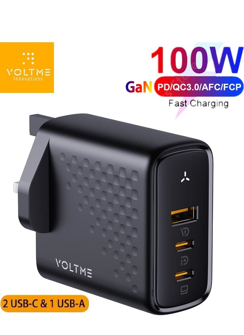 VOLTME - 100W GaN III USB-C Charger | 3-Port Fast Wall Adapter with PD.3 & QC.3 | Compact Design for MacBook Pro/Air, iPad Pro/Mini, iPhone 16 Pro Max/16 Pro/16 Plus/15 Series/14/13/12/11, Air Pods, Google PixelBook, ThinkPad, Galaxy S24/S23/S22 & More (Black) - Image 1