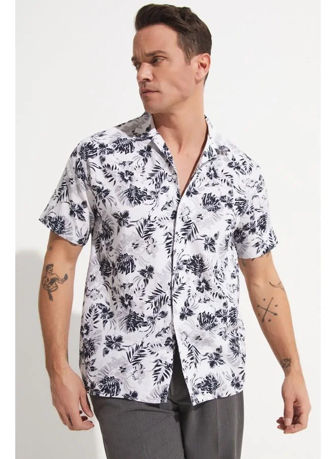 JUNE June Men Cotton Patterned Short Sleeve Shirt White - Black