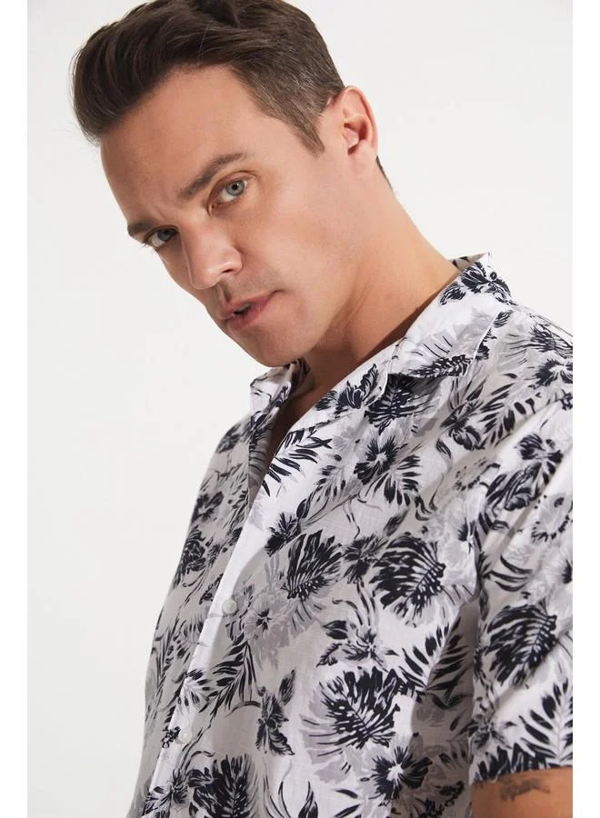 JUNE June Men Cotton Patterned Short Sleeve Shirt White - Black