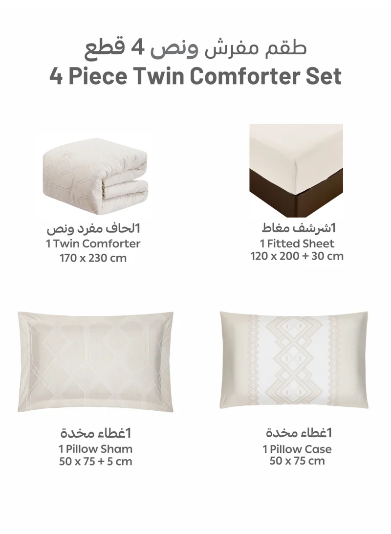 Donetella Bedding Comforter Set Single Size, 4-Pcs Bed Set Fits 140X200 Cms -Tufted Embroidery Set-All Season- 350 GSM Brushed Microfiber (طقم مفرش سرير فندقي)