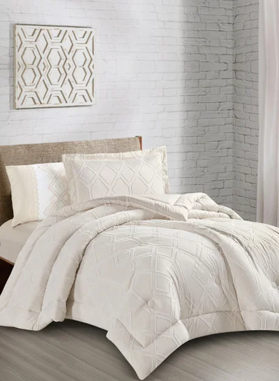 Donetella Bedding Comforter Set Single Size, 4-Pcs Bed Set Fits 140X200 Cms -Tufted Embroidery Set-All Season- 350 GSM Brushed Microfiber (طقم مفرش سرير فندقي)