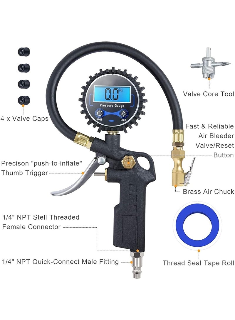 مقياس ضغط الإطارات الرقمي مع منفاخ، ومشبك هواء 250 رطل لكل بوصة مربعة وملحقات ضاغط، شديد التحمل مع وصلة توصيل سريعة، ودقة عرض 0.1 للسيارة، وسيارات الدفع الرباعي، والشاحنات، والدراجات النارية، والمركبات الترفيهية - Image 2