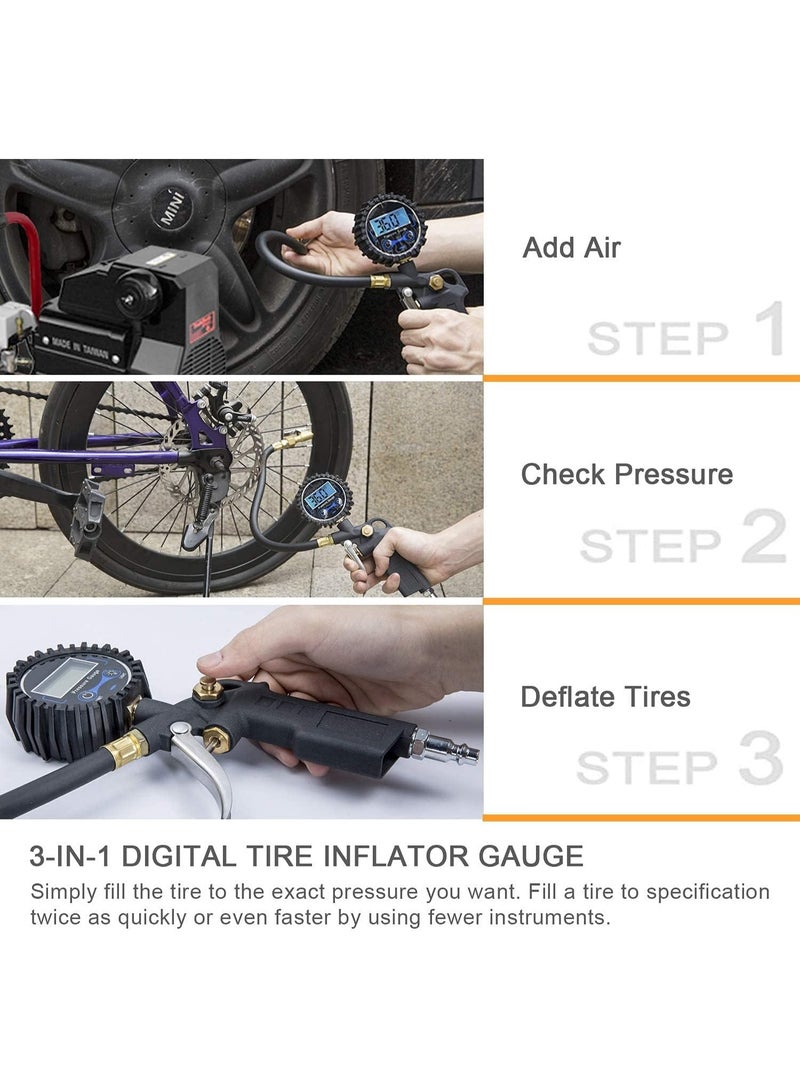 مقياس ضغط الإطارات الرقمي مع منفاخ، ومشبك هواء 250 رطل لكل بوصة مربعة وملحقات ضاغط، شديد التحمل مع وصلة توصيل سريعة، ودقة عرض 0.1 للسيارة، وسيارات الدفع الرباعي، والشاحنات، والدراجات النارية، والمركبات الترفيهية - Image 5