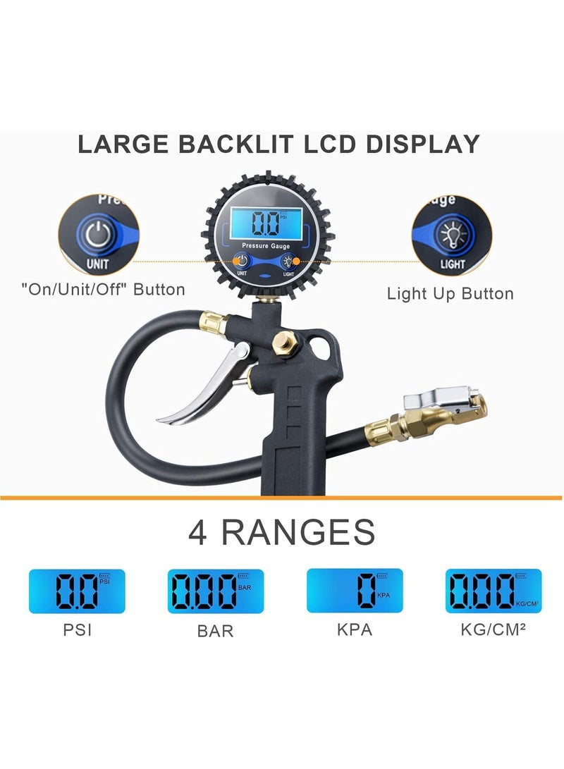 مقياس ضغط الإطارات الرقمي مع منفاخ، ومشبك هواء 250 رطل لكل بوصة مربعة وملحقات ضاغط، شديد التحمل مع وصلة توصيل سريعة، ودقة عرض 0.1 للسيارة، وسيارات الدفع الرباعي، والشاحنات، والدراجات النارية، والمركبات الترفيهية - Image 4