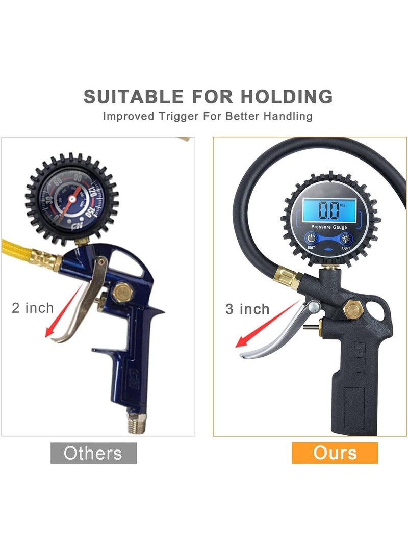مقياس ضغط الإطارات الرقمي مع منفاخ، ومشبك هواء 250 رطل لكل بوصة مربعة وملحقات ضاغط، شديد التحمل مع وصلة توصيل سريعة، ودقة عرض 0.1 للسيارة، وسيارات الدفع الرباعي، والشاحنات، والدراجات النارية، والمركبات الترفيهية - Image 3
