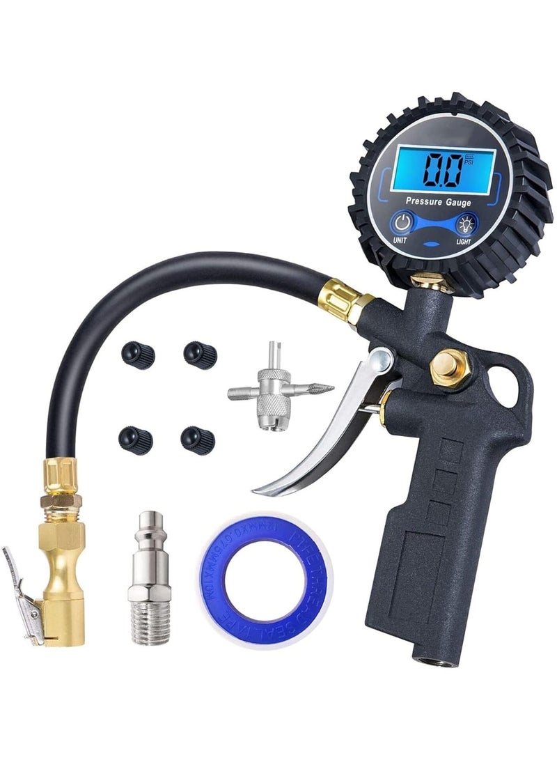 مقياس ضغط الإطارات الرقمي مع منفاخ، ومشبك هواء 250 رطل لكل بوصة مربعة وملحقات ضاغط، شديد التحمل مع وصلة توصيل سريعة، ودقة عرض 0.1 للسيارة، وسيارات الدفع الرباعي، والشاحنات، والدراجات النارية، والمركبات الترفيهية - Image 1