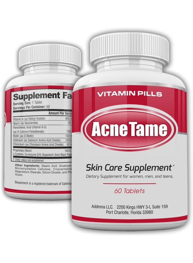 Acnetame Acne Pills- Acne Tame Supplement- Clear Skin Vitamins Pill For Oily Skin Treatment, Hormonal Blemishes, Anti Spots & Cystic Acnes Supplements For Women, Men, Teens & Adults- 60 Oral Tablets - Image 1