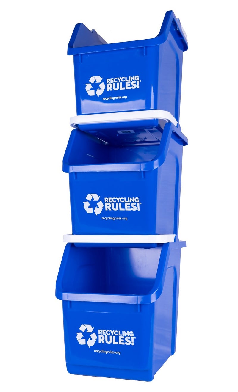 Recycling Rules! 6 Gallon Stackable Recycling Bin Container in Blue, Eco-Friendly BPA-Free Handy Recycler with Handle, 3-Pack - Image 3