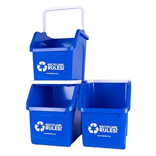 Recycling Rules! 6 Gallon Stackable Recycling Bin Container in Blue, Eco-Friendly BPA-Free Handy Recycler with Handle, 3-Pack - Image 1