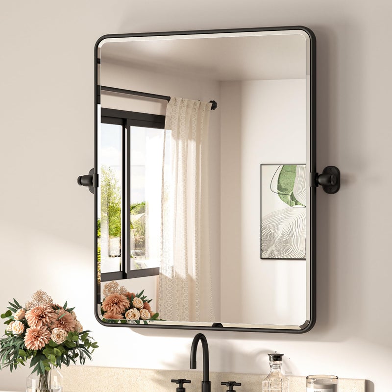 TETOTE Matte Black Pivot Bathroom Mirror 24 x 30 Tilting Beveled Rectangle Metal Framed Mirror Farmhouse Adjustable Tilt Rounded Corner Rectangular Vanity Mirror HorizontalVertical Easy to Install
