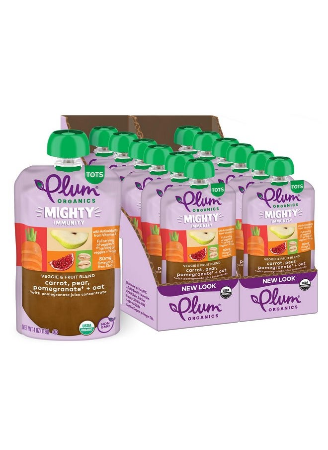 بلام أورجانيكس طعام عضوي للأطفال الصغار من Plum Organics Mighty Immunity - جزر، كمثرى، رمان، وشوفان - كيس 4 أونصة (عبوة من 12 قطعة) - كيس طعام عضوي للأطفال الصغار من الخضروات  - Image 1