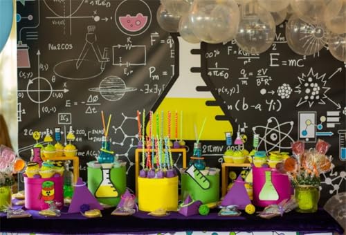 AOFOTO 8x6ft Creative Backdrops for Pictures Chemistry Classroom Blackboard Test Tubes Balloons Cakes Candy Photography Background Boy Happy Birthday Portraits Shooting Photo Studio Drapes