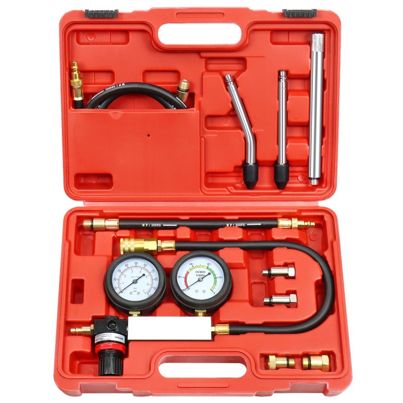 YSTOOL Cylinder Leak Down Tester Automotive Kit Gasoline Engine Compression Dual Gauge Leakdown Detector Tool Set for Pressure Check  Leakage Rate Test with Extension Rod Red