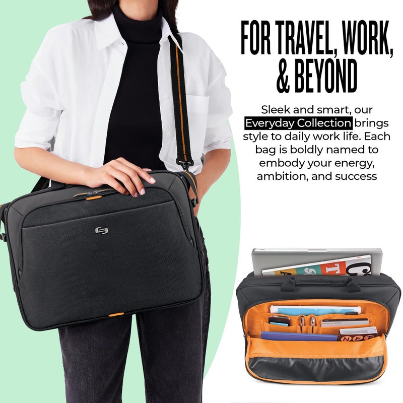 Solo New York Briefcase - Laptop Carrying Bag for Women & Men, Brief for Travel & Work, Internal Tablet Pocket, Adjustable Shoulder Strap, Fits 13.3" Computer - Ace Slim, Black & Orange - Image 4