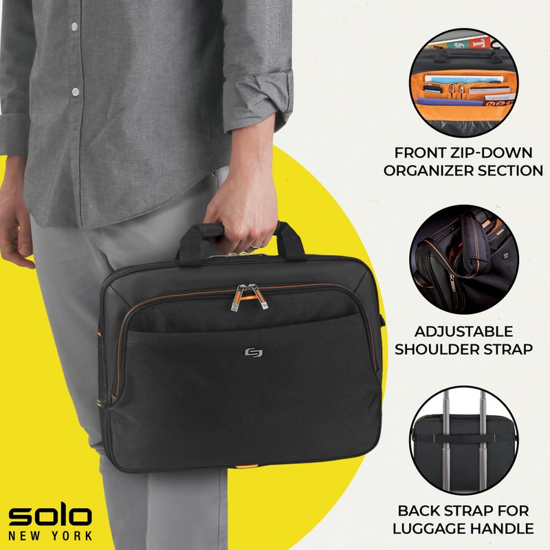 Solo New York Briefcase - Laptop Carrying Bag for Women & Men, Brief for Travel & Work, Internal Tablet Pocket, Adjustable Shoulder Strap, Fits 13.3" Computer - Ace Slim, Black & Orange - Image 2