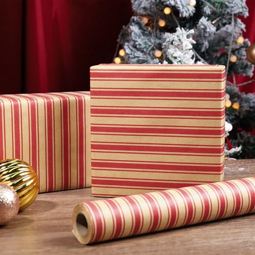 LaRibbons Vintage Kraft Christmas Wrapping Paper, Classic Red Candy Cane Stripe Design, Rustic Gift Wrap Paper with Gridline for Christmas, Holiday, 17 Inch X 33 Feet - Image 4