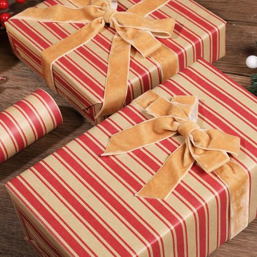 LaRibbons Vintage Kraft Christmas Wrapping Paper, Classic Red Candy Cane Stripe Design, Rustic Gift Wrap Paper with Gridline for Christmas, Holiday, 17 Inch X 33 Feet - Image 2