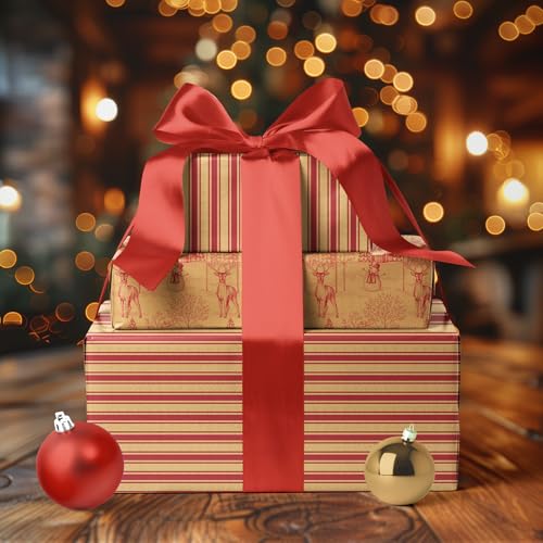 LaRibbons Vintage Kraft Christmas Wrapping Paper, Classic Red Candy Cane Stripe Design, Rustic Gift Wrap Paper with Gridline for Christmas, Holiday, 17 Inch X 33 Feet - Image 5