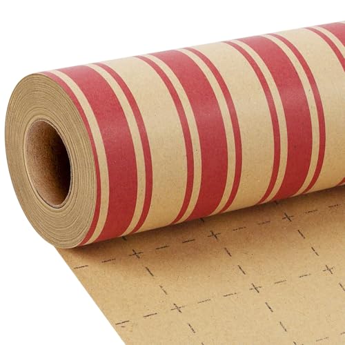 LaRibbons Vintage Kraft Christmas Wrapping Paper, Classic Red Candy Cane Stripe Design, Rustic Gift Wrap Paper with Gridline for Christmas, Holiday, 17 Inch X 33 Feet - Image 1