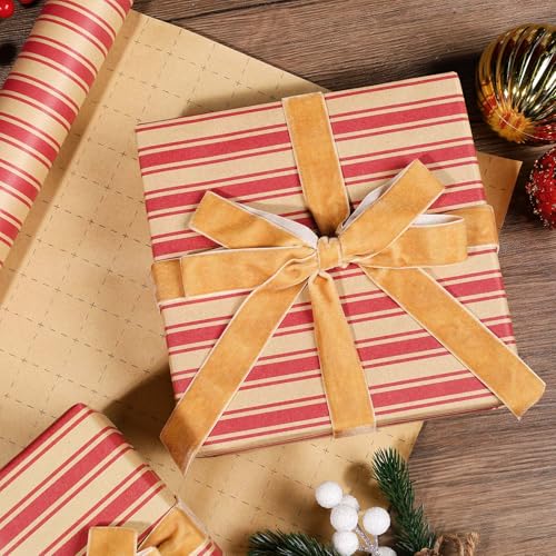 LaRibbons Vintage Kraft Christmas Wrapping Paper, Classic Red Candy Cane Stripe Design, Rustic Gift Wrap Paper with Gridline for Christmas, Holiday, 17 Inch X 33 Feet - Image 3