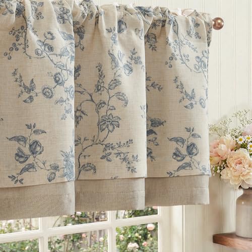 jinchan Amlie Floral Linen Valance Curtain Farmhouse Kitchen Valance for Living Room Laundry Light Filtering Double Layer Cottagecore Window Treatment Rod Pocket 1 Panel 16 Inch Blue on Linen - Image 1