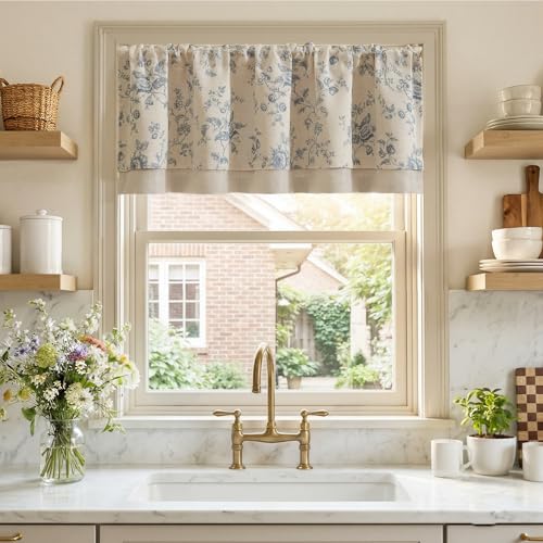 jinchan Amlie Floral Linen Valance Curtain Farmhouse Kitchen Valance for Living Room Laundry Light Filtering Double Layer Cottagecore Window Treatment Rod Pocket 1 Panel 16 Inch Blue on Linen - Image 3