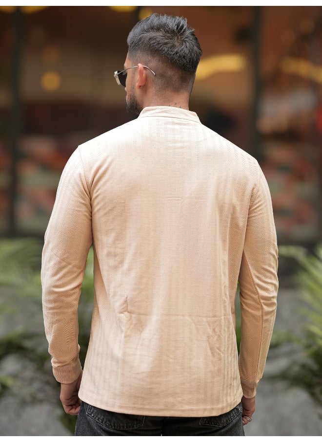 Maniac تي شيرت رجالي بأكمام طويلة بياقة هينلي محبوكة بسماكة ثابتة باللون البيج بتصميم Slim Fit  - Image 5