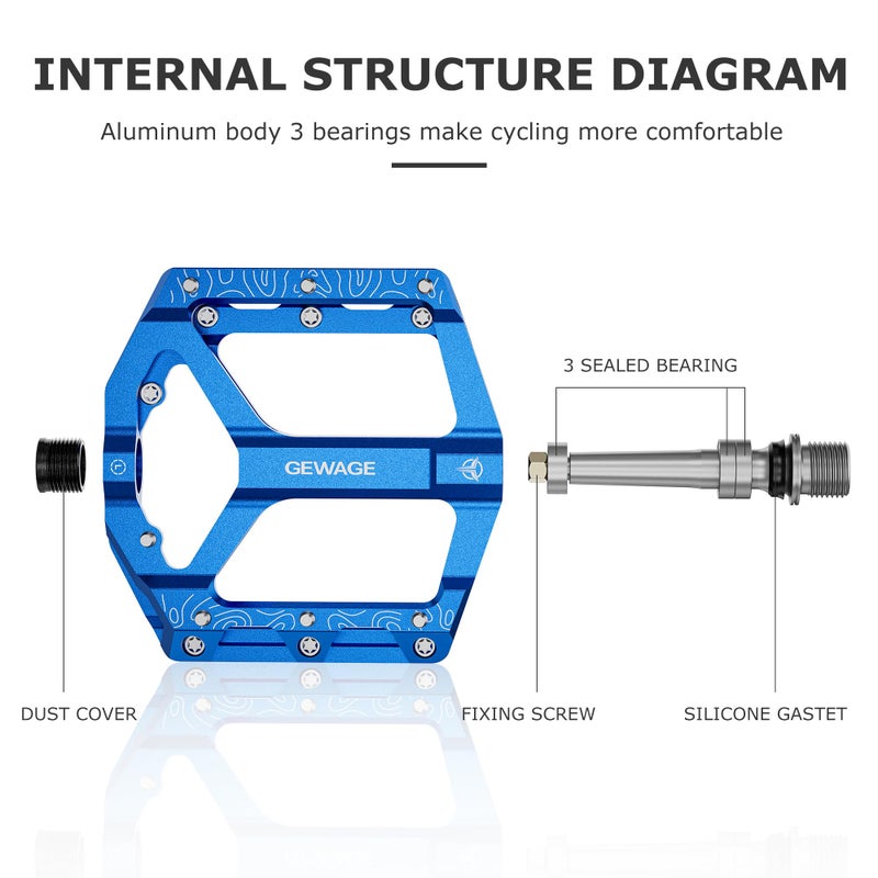 GEWAGE Road/Mountain Bike Pedals -Non-Slip Bicycle Flat Pedal Aluminum 9/16" - 3 Sealed Bearing Lightweight Platform Pedals for Road Mountain BMX MTB Bike (Blue) - Image 4