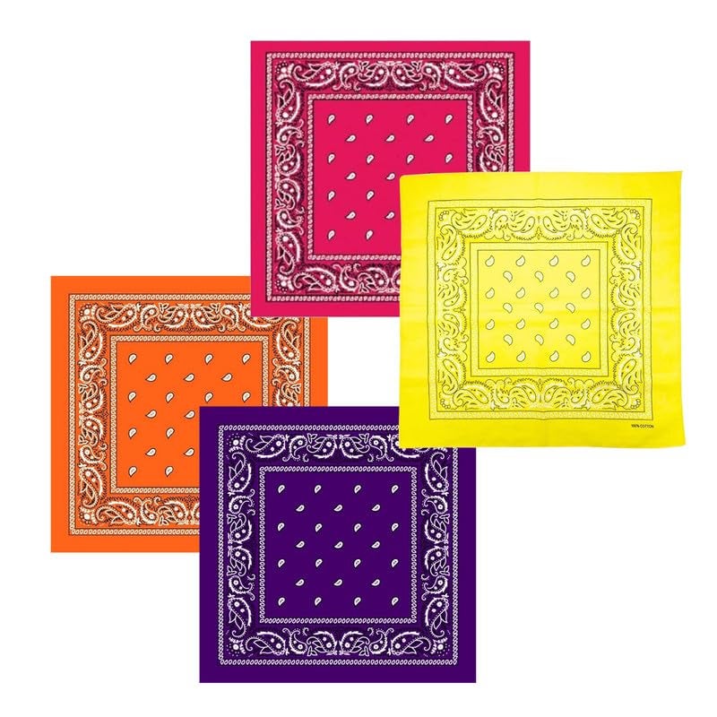 DIKHAWA Unisex Cotton Bandana/Head Wrap/Wristband/Face Cover/Handkerchief For Men And Women (ORANGE,PINK,PURPLE,YELLOW_50CM X 50CM_Pack of 4) - Image 1