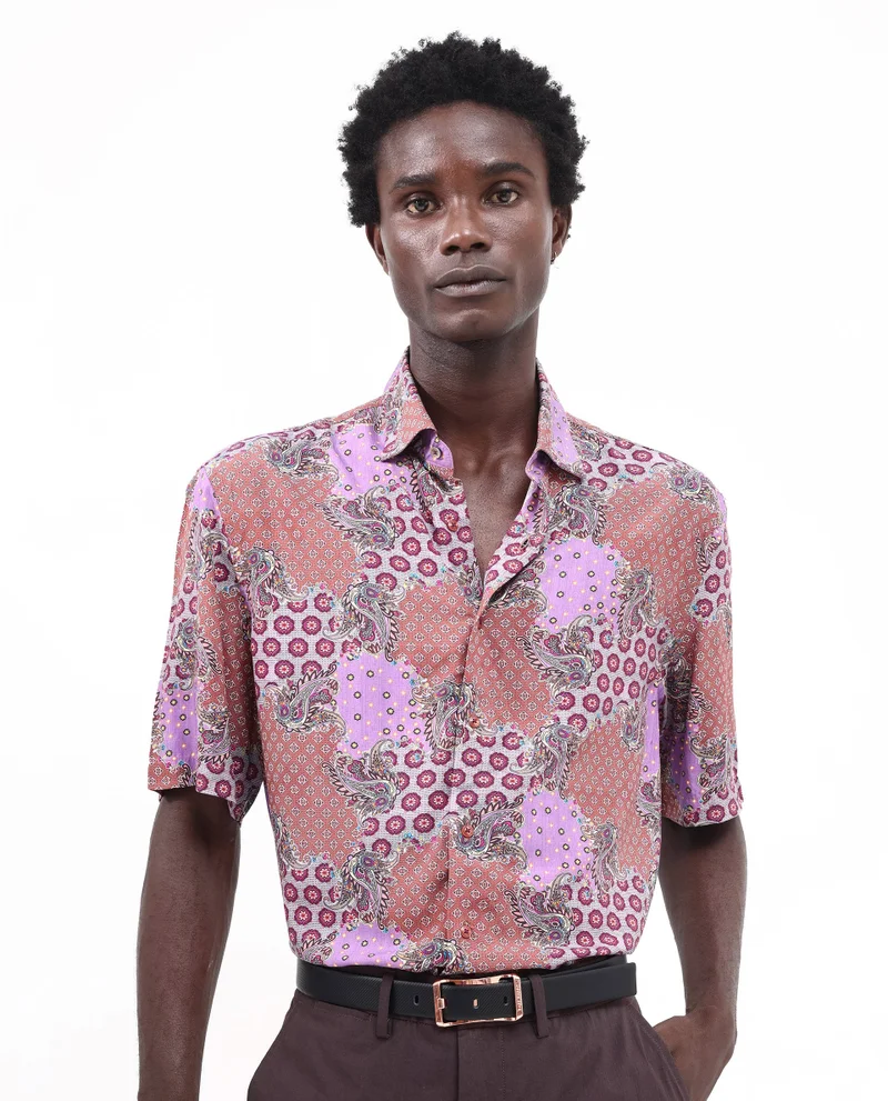 Rare Rabbit Rare Rabbit Men's Onslo SS Brown Viscose Fabric Short Sleeves Boxy Fit Abstract Botanical Print Shirt