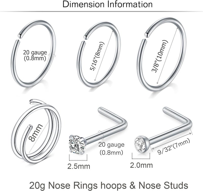 MODRSA 18 Nose Rings Studs Surgical Stainless Steel Hypoallergenic L Shaped Nose Piercing Jewelry for Women Men Silver Black Nostril Hoop Rings 18 Gauge - Image 2