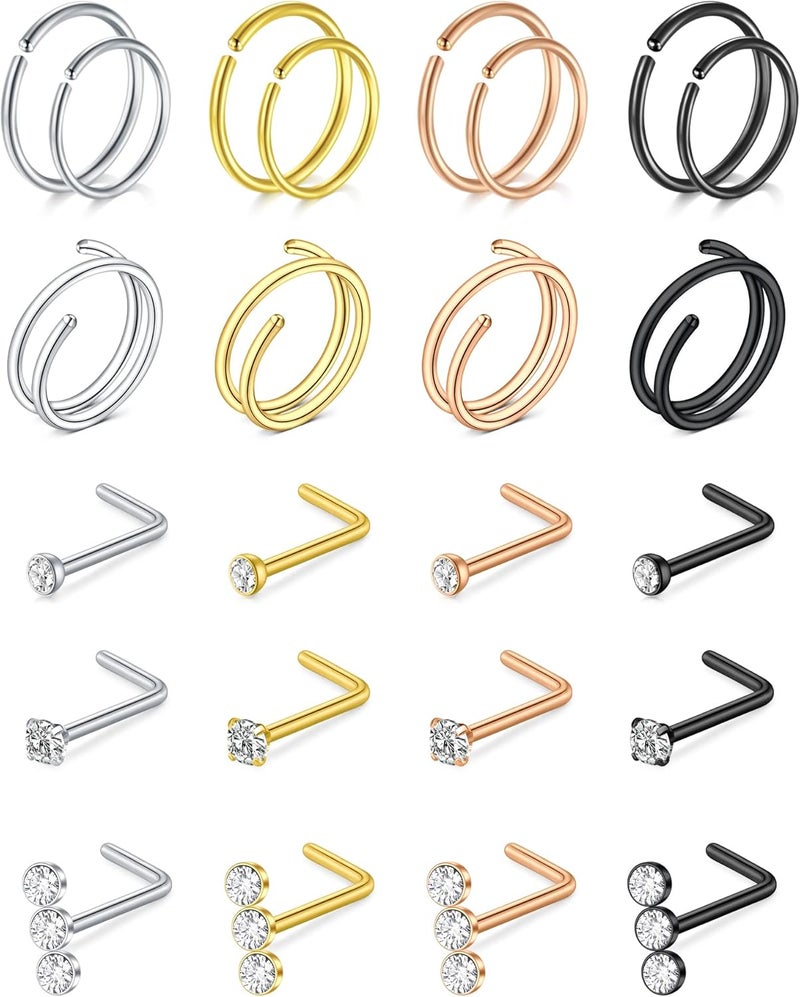 MODRSA 18 Nose Rings Studs Surgical Stainless Steel Hypoallergenic L Shaped Nose Piercing Jewelry for Women Men Silver Black Nostril Hoop Rings 18 Gauge - Image 1