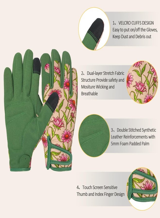 OIZEN Gardening Gloves for Women, Garden Gloves with Touch Screen, Thorn Proof Puncture Resistant Working Gloves, Gardening Gifts for Women (Green with Pink Flowers, Medium) - Image 2
