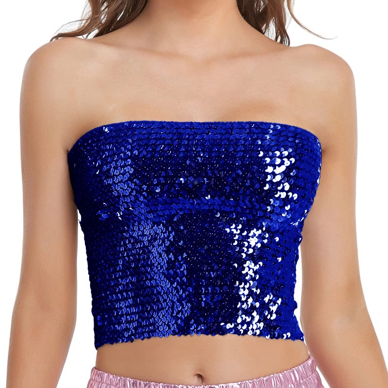 Fenyong Womens Sparkly Sequin Mermaid Crop Tops, Strapless Metallic Tube Tops for Party Clubwear(Royal Blue) - Image 1