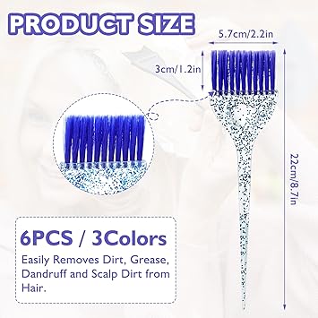 ASTER 6 Pieces Hair Dye Brush Set Hair Color Brush Framar Color Brush Tint Applicator with Colorful Soft Bristles and Glitter Handle for DIY Hair Coloring Salon Hair Dyeing 3 Colors Flat Brush - Image 5