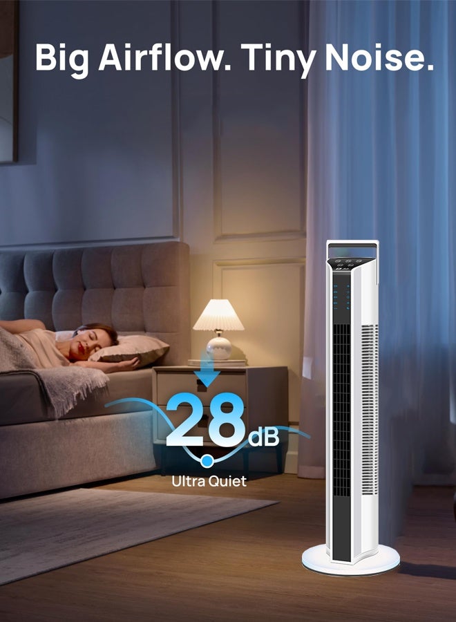 مروحة، مروحة برجية مع شاشة LED، مروحة كهربائية 37 لغرفة النوم، مروحة تبريد بسرعتين، مروحة مثالية تدور 90 درجة للمنزل وغرفة المعيشة والمكتب (أبيض)