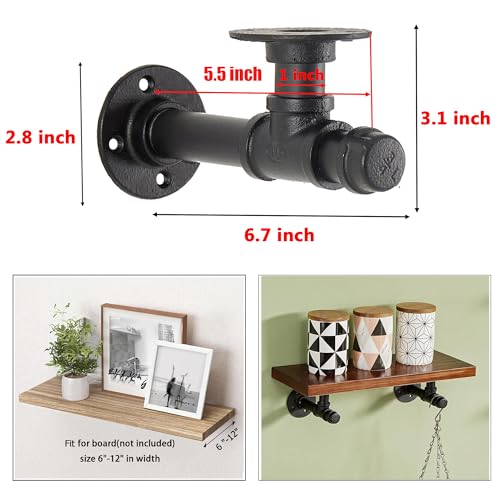 YCCO Industrial Pipe Shelf Bracket 6.7",Iron L Pipe Shelving Wall Floating Shelf Bracket for 6-12" Board,Industrial Pipe Shelves Heavy Duty Black Metal Pipe Clothing Rack 6 Pack, Include Accessories - Image 2