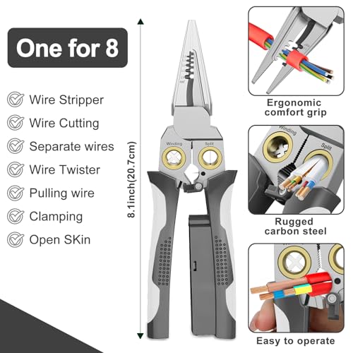 GADO Pro 8-in-1 Wire Stripper/Cutter with Voltage Tester & Dual Alarms - Heavy Duty 12-250V AC/DC Electrical Tester for Hot/Neutral Wires - Electrician, HVAC, Car Repair Tool (Gray) - Image 3