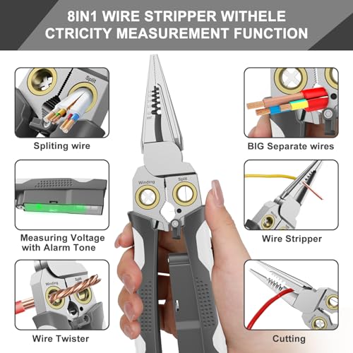 GADO Pro 8-in-1 Wire Stripper/Cutter with Voltage Tester & Dual Alarms - Heavy Duty 12-250V AC/DC Electrical Tester for Hot/Neutral Wires - Electrician, HVAC, Car Repair Tool (Gray) - Image 4