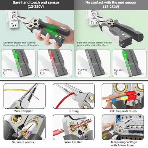 GADO Pro 8-in-1 Wire Stripper/Cutter with Voltage Tester & Dual Alarms - Heavy Duty 12-250V AC/DC Electrical Tester for Hot/Neutral Wires - Electrician, HVAC, Car Repair Tool (Gray) - Image 2
