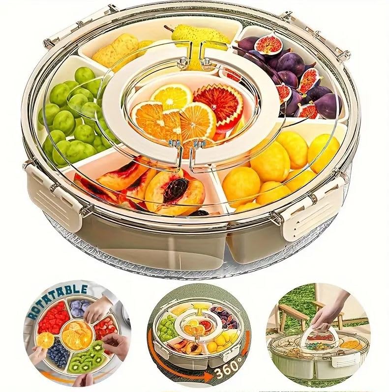 Bayleef Portable 6 Grids Rotatable Serving Tray acylic Divided Fruit Snack Tray Transparent Rotatable Food Storage Box with Lid - Image 4